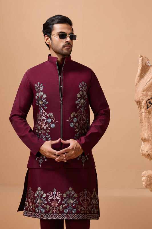 Elegant Maroon Viscose Silk Embroidered Kurta Pyjama Set with Jacket for Wedding