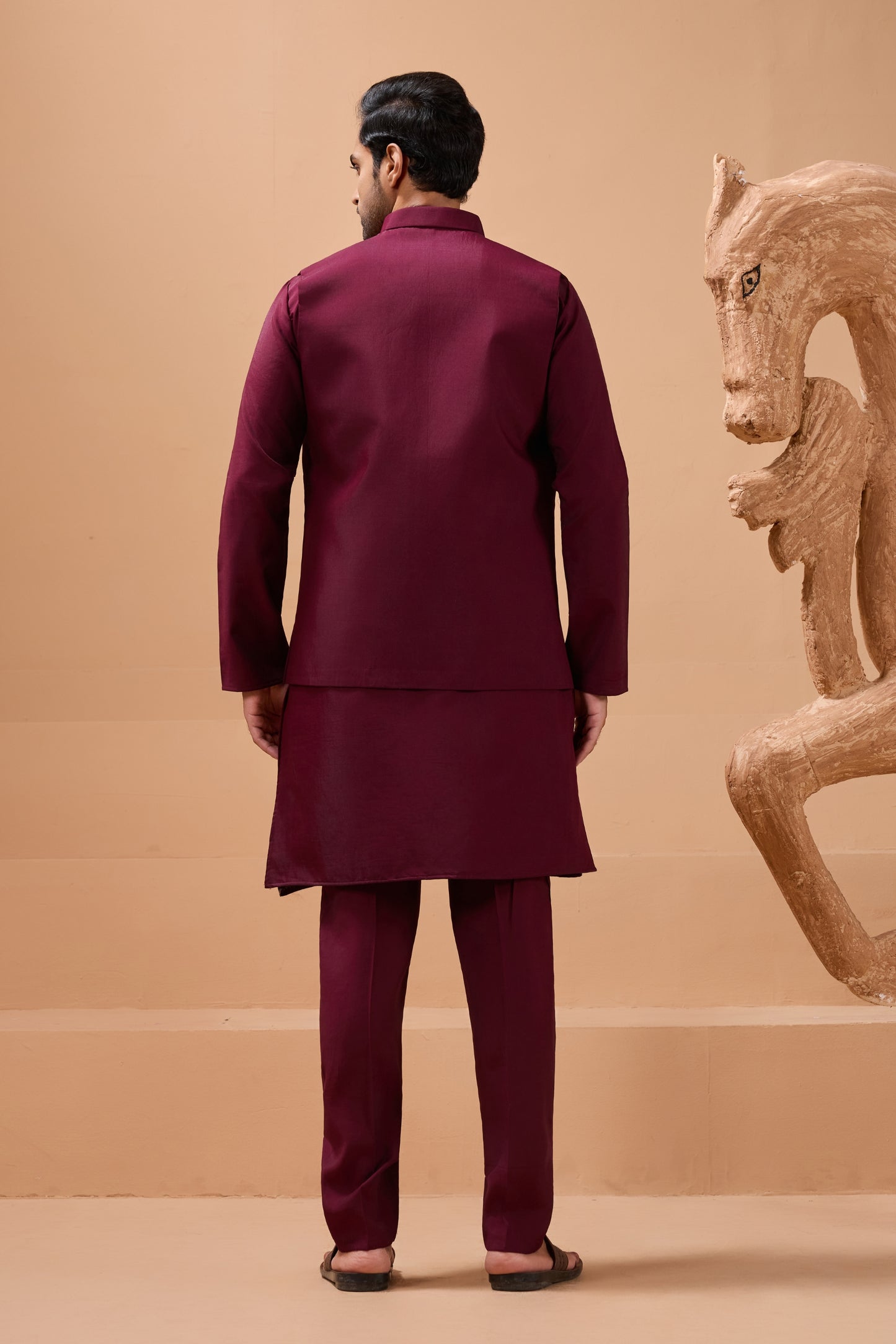 Elegant Maroon Viscose Silk Embroidered Kurta Pyjama Set with Jacket for Wedding