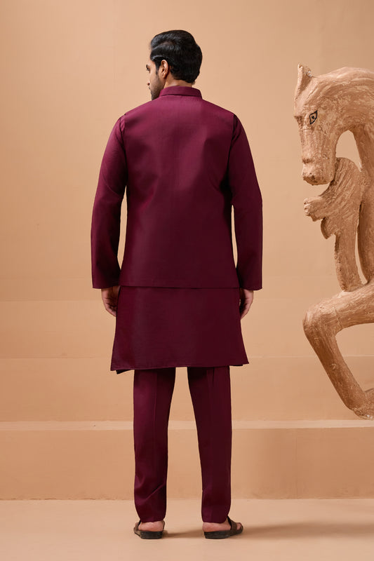 Elegant Maroon Viscose Silk Embroidered Kurta Pyjama Set with Jacket for Wedding