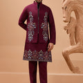 Elegant Maroon Viscose Silk Embroidered Kurta Pyjama Set with Jacket for Wedding