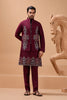 Elegant Maroon Viscose Silk Embroidered Kurta Pyjama Set with Jacket for Wedding