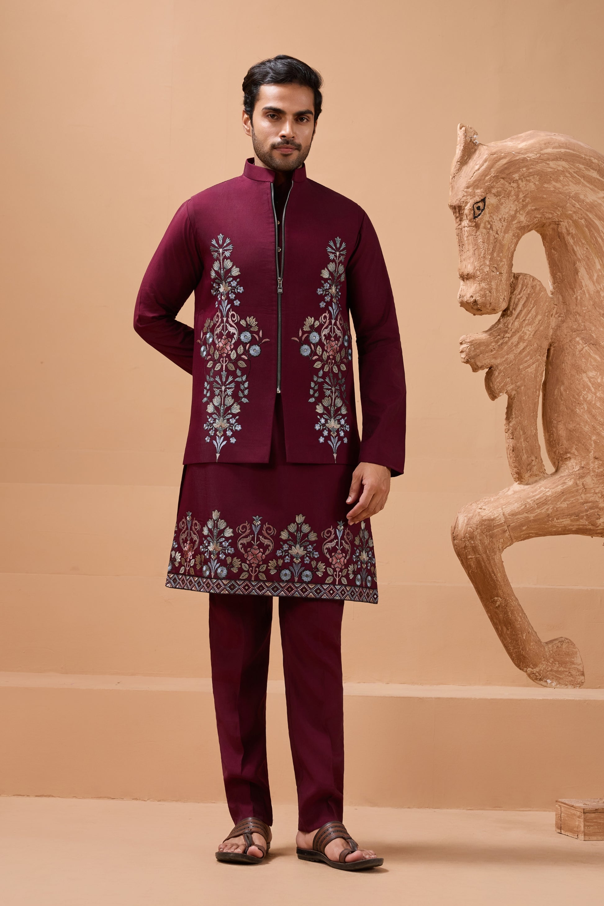 Elegant Maroon Viscose Silk Embroidered Kurta Pyjama Set with Jacket for Wedding