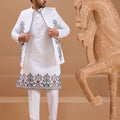 Wonderful White Viscose Silk Embroidered Kurta Pyjama Set with Jacket for Wedding