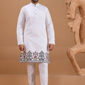 Wonderful White Viscose Silk Embroidered Kurta Pyjama Set with Jacket for Wedding
