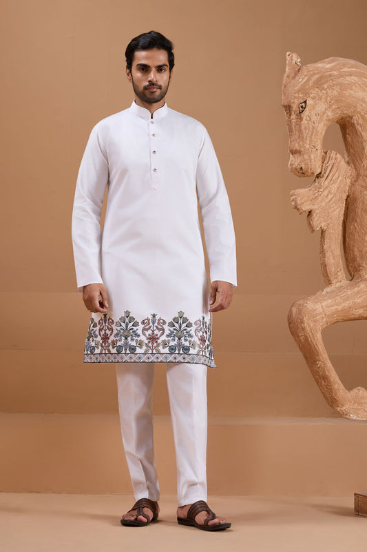 Wonderful White Viscose Silk Embroidered Kurta Pyjama Set with Jacket for Wedding