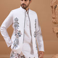 Wonderful White Viscose Silk Embroidered Kurta Pyjama Set with Jacket for Wedding