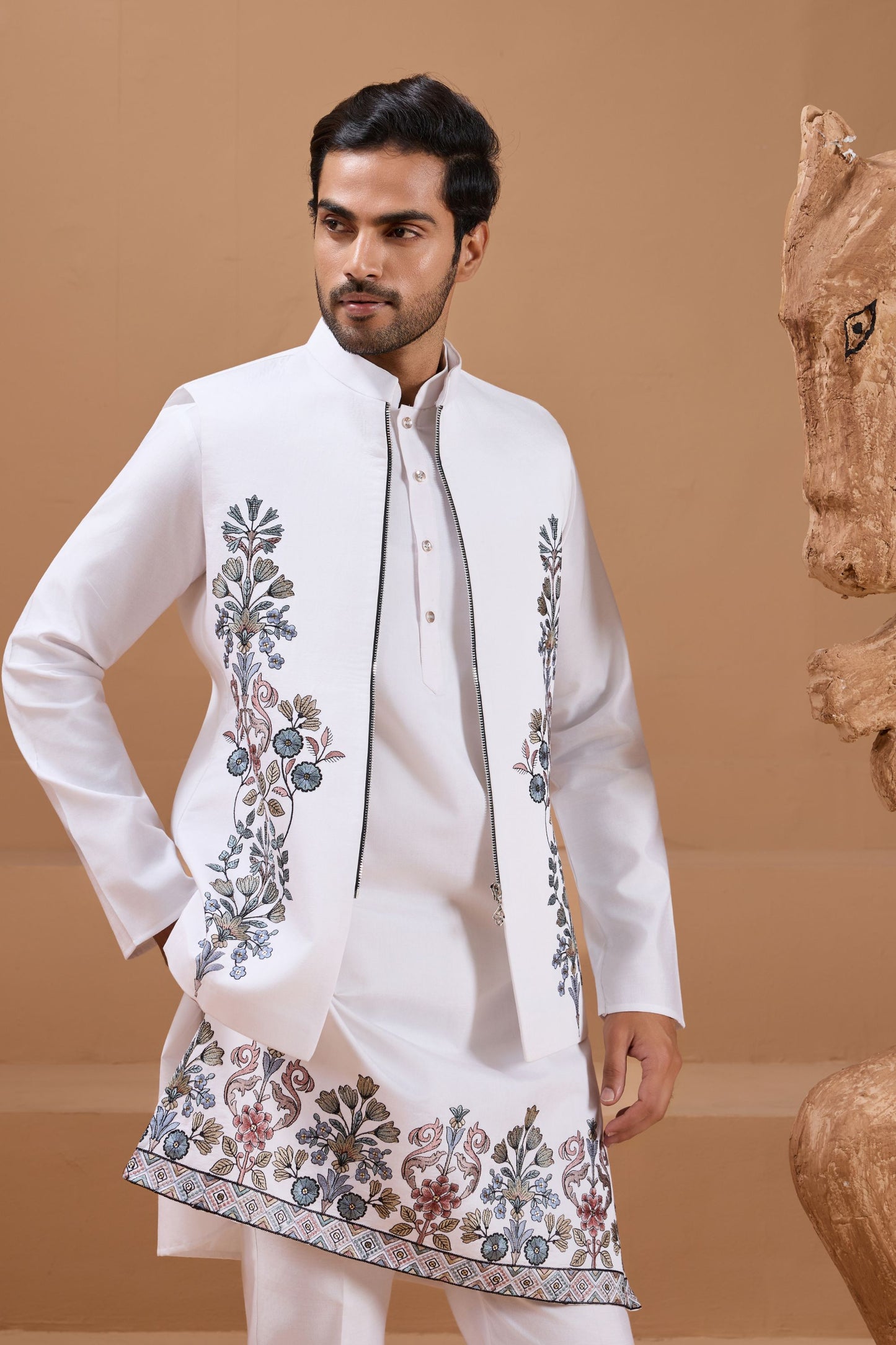 Wonderful White Viscose Silk Embroidered Kurta Pyjama Set with Jacket for Wedding