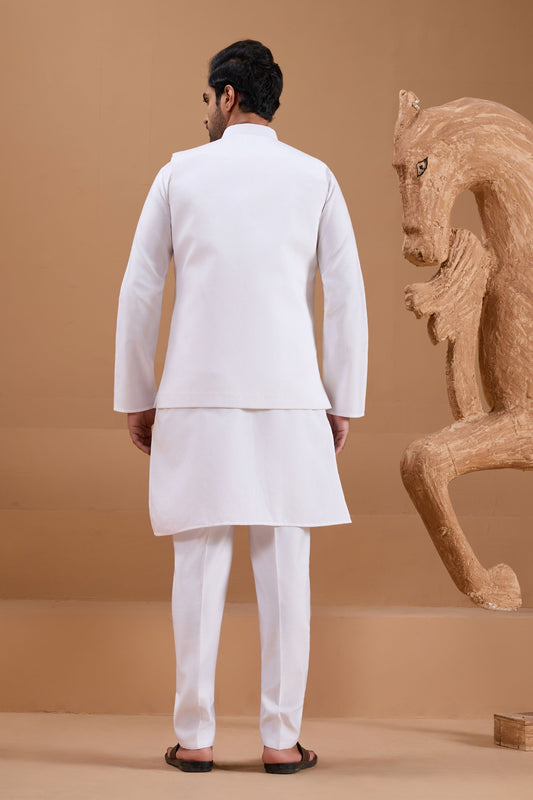 Wonderful White Viscose Silk Embroidered Kurta Pyjama Set with Jacket for Wedding