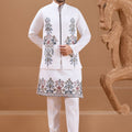 Wonderful White Viscose Silk Embroidered Kurta Pyjama Set with Jacket for Wedding