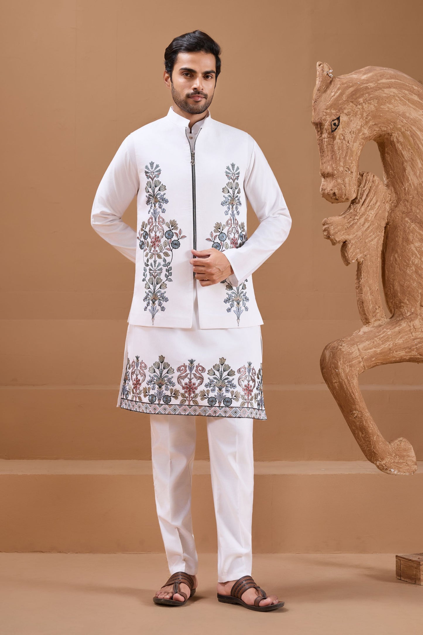 Wonderful White Viscose Silk Embroidered Kurta Pyjama Set with Jacket for Wedding