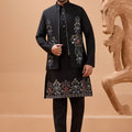 Stylish Black Viscose Silk Embroidered Kurta Pyjama Set with Jacket for Wedding