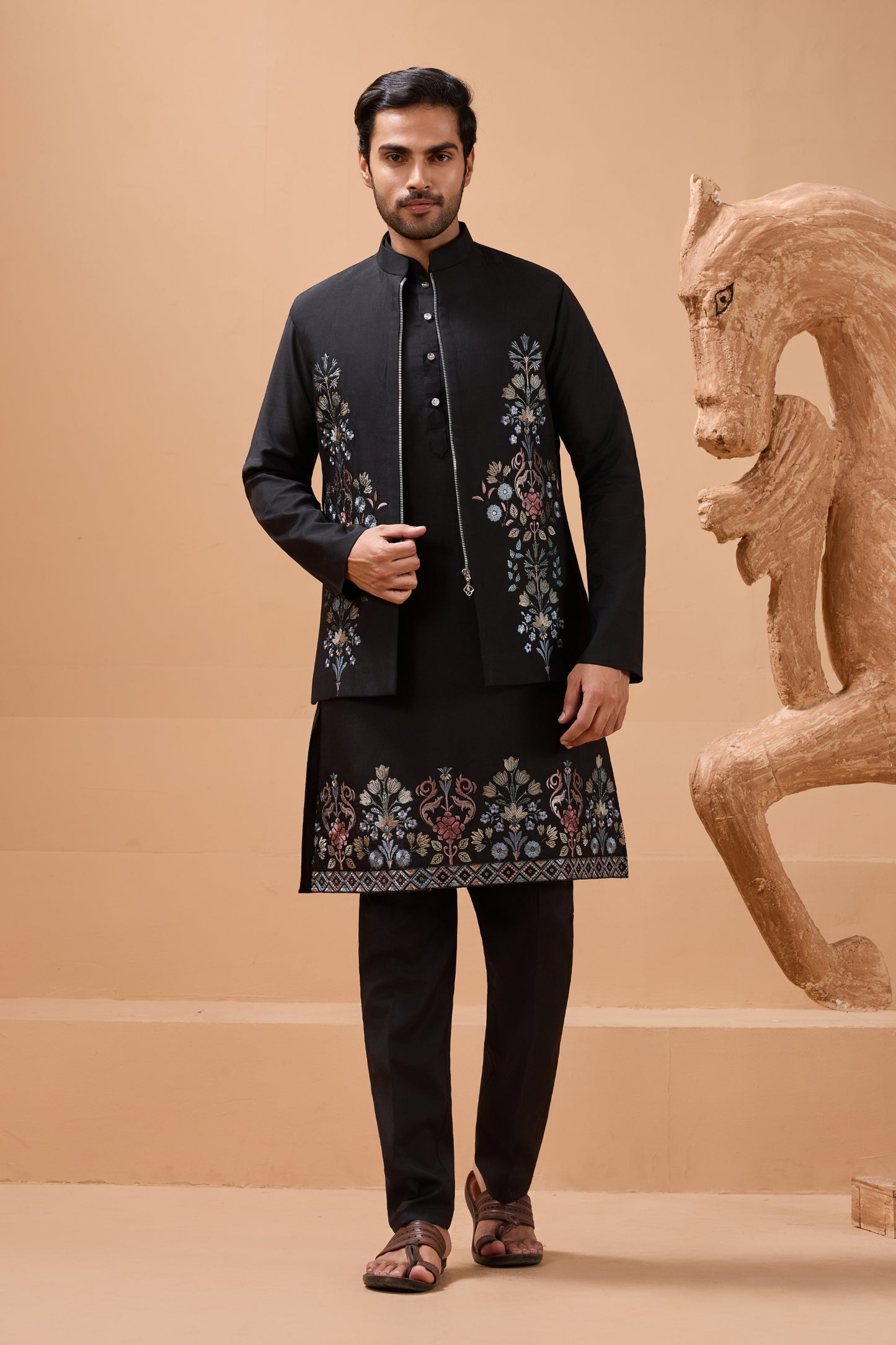 Stylish Black Viscose Silk Embroidered Kurta Pyjama Set with Jacket for Wedding