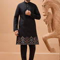 Stylish Black Viscose Silk Embroidered Kurta Pyjama Set with Jacket for Wedding