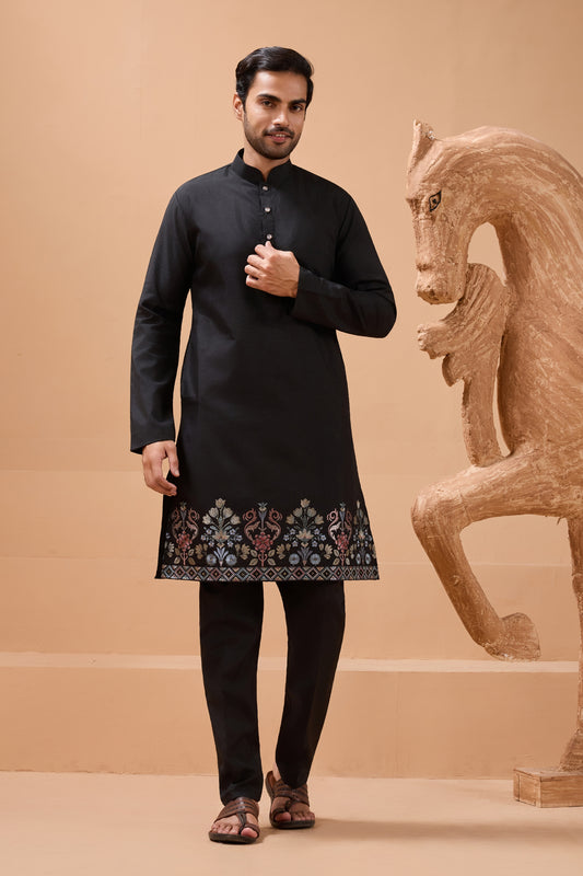 Stylish Black Viscose Silk Embroidered Kurta Pyjama Set with Jacket for Wedding