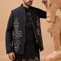 Stylish Black Viscose Silk Embroidered Kurta Pyjama Set with Jacket for Wedding