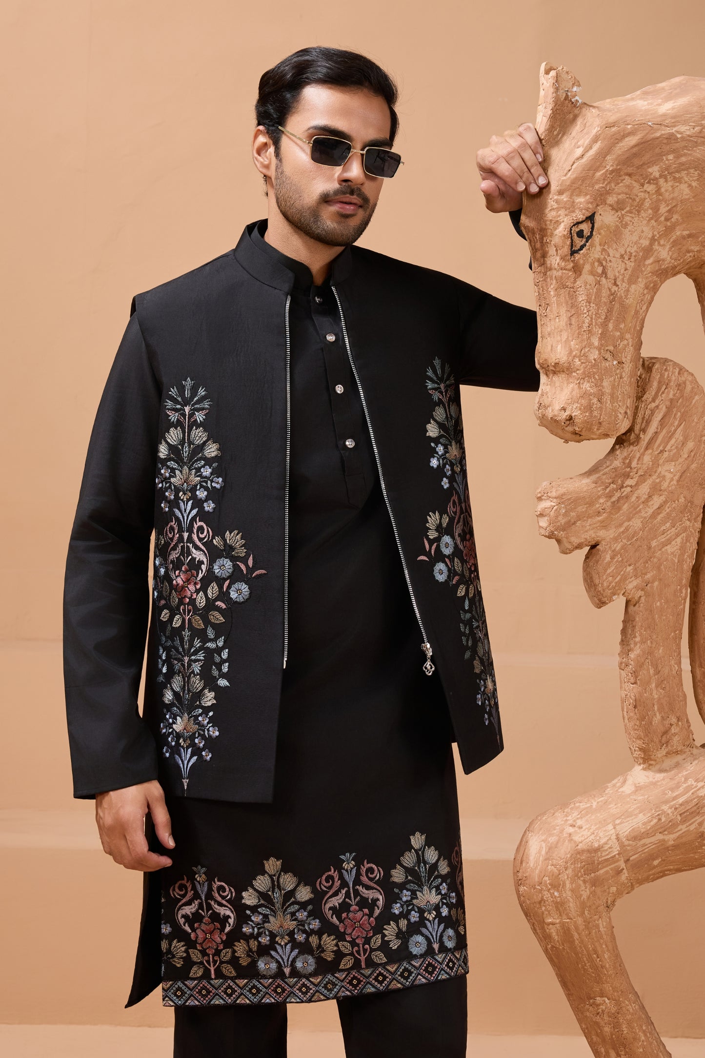 Stylish Black Viscose Silk Embroidered Kurta Pyjama Set with Jacket for Wedding