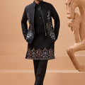 Stylish Black Viscose Silk Embroidered Kurta Pyjama Set with Jacket for Wedding