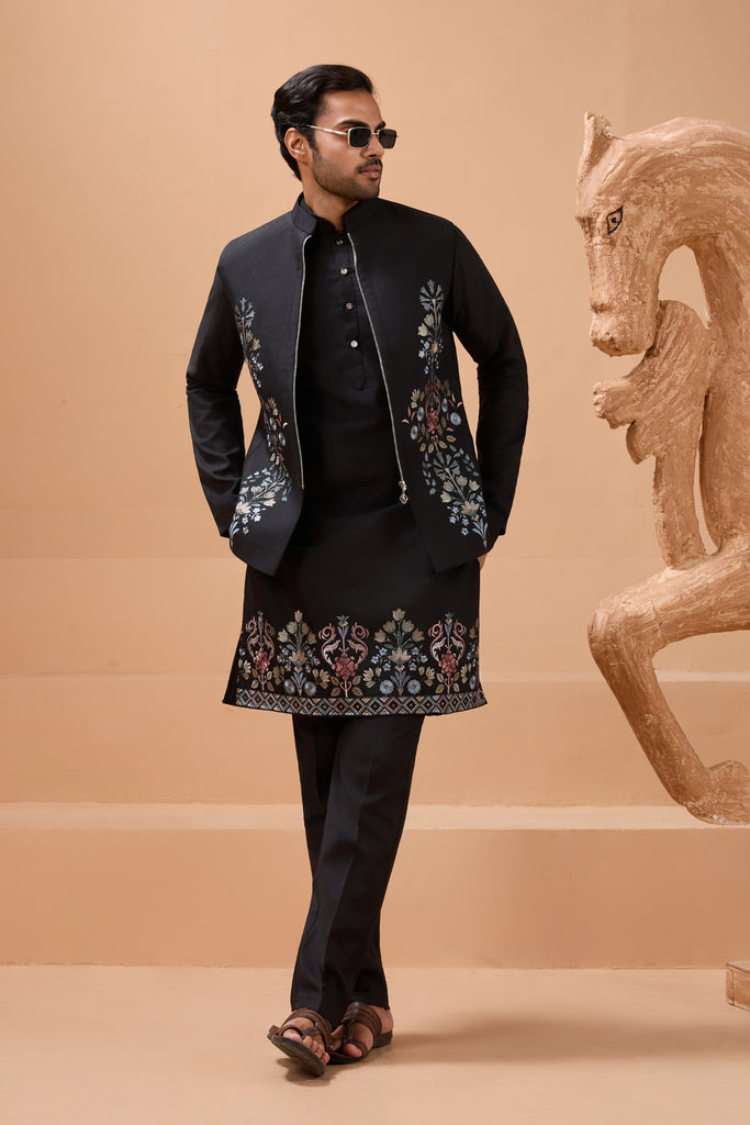 Stylish Black Viscose Silk Embroidered Kurta Pyjama Set with Jacket for Wedding