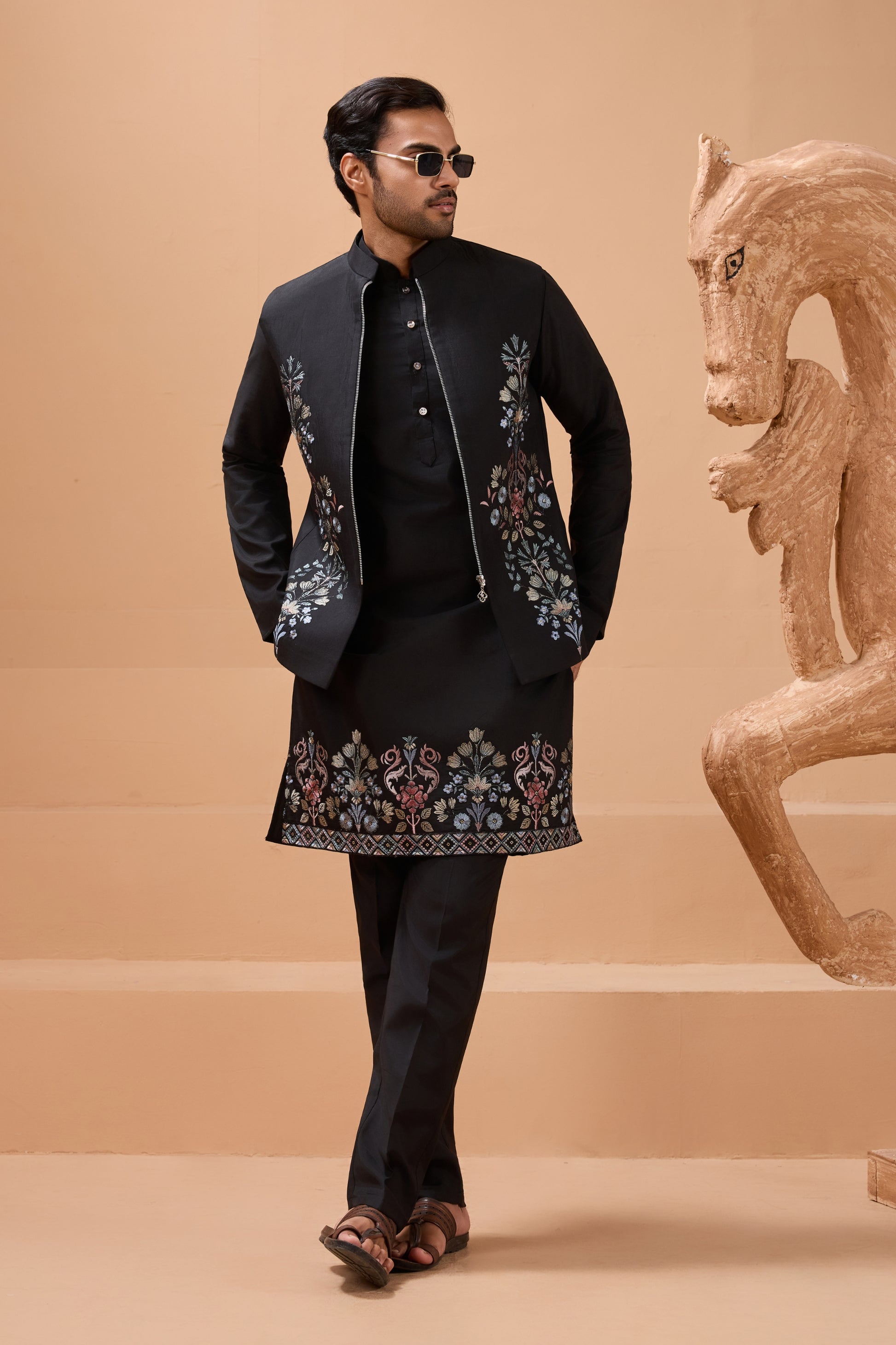 Stylish Black Viscose Silk Embroidered Kurta Pyjama Set with Jacket for Wedding