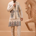 Outstanding Cream Viscose Silk Embroidered Kurta Pyjama Set with Jacket for Wedding