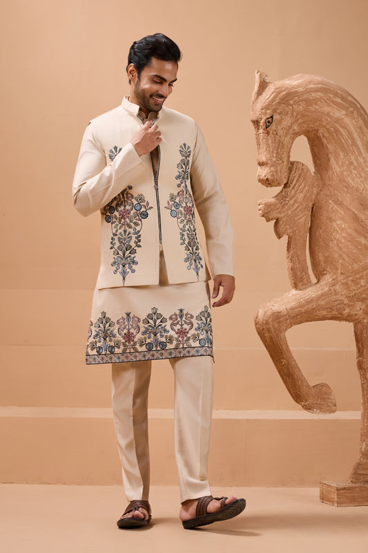 Outstanding Cream Viscose Silk Embroidered Kurta Pyjama Set with Jacket for Wedding