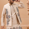 Outstanding Cream Viscose Silk Embroidered Kurta Pyjama Set with Jacket for Wedding