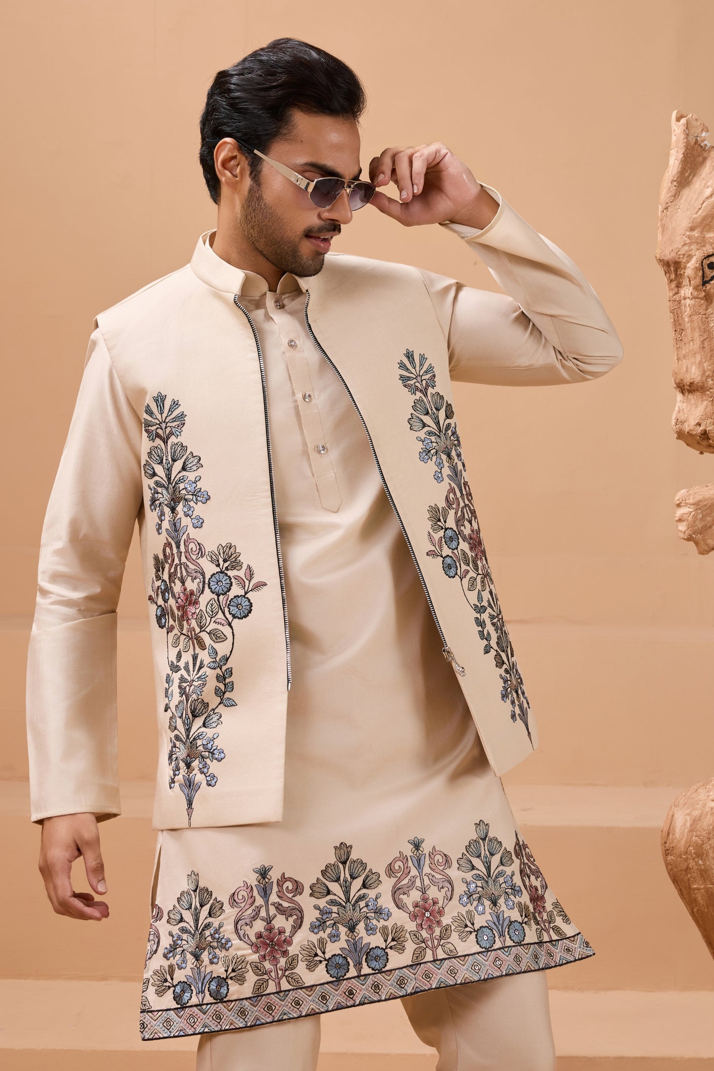 Outstanding Cream Viscose Silk Embroidered Kurta Pyjama Set with Jacket for Wedding