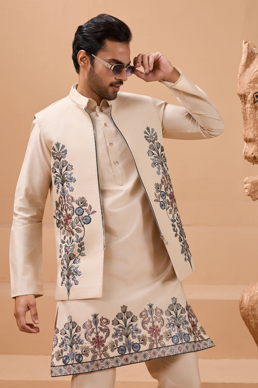 Outstanding Cream Viscose Silk Embroidered Kurta Pyjama Set with Jacket for Wedding
