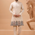 Outstanding Cream Viscose Silk Embroidered Kurta Pyjama Set with Jacket for Wedding