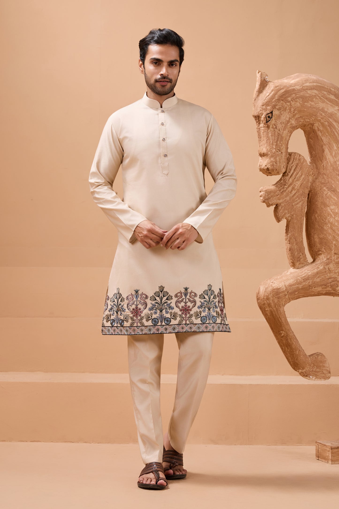Outstanding Cream Viscose Silk Embroidered Kurta Pyjama Set with Jacket for Wedding