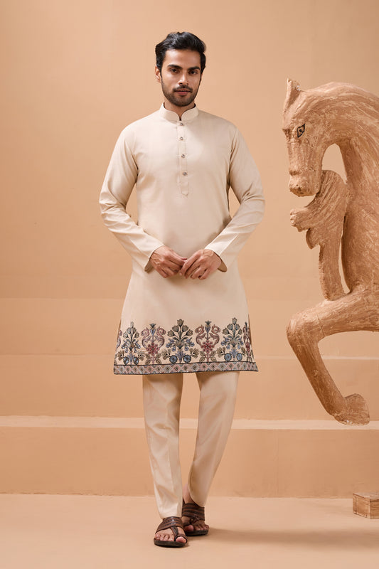 Outstanding Cream Viscose Silk Embroidered Kurta Pyjama Set with Jacket for Wedding