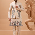 Outstanding Cream Viscose Silk Embroidered Kurta Pyjama Set with Jacket for Wedding
