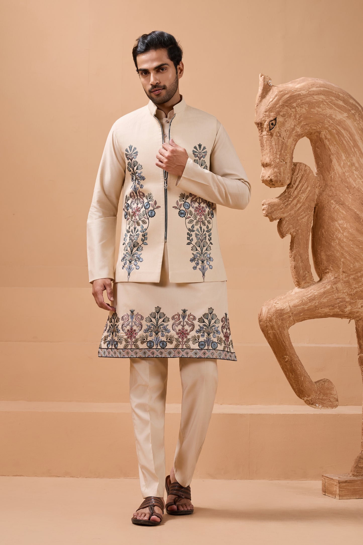 Outstanding Cream Viscose Silk Embroidered Kurta Pyjama Set with Jacket for Wedding