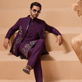 Royal Purple Viscose Silk Embroidered Kurta Pyjama Set with Jacket for Wedding