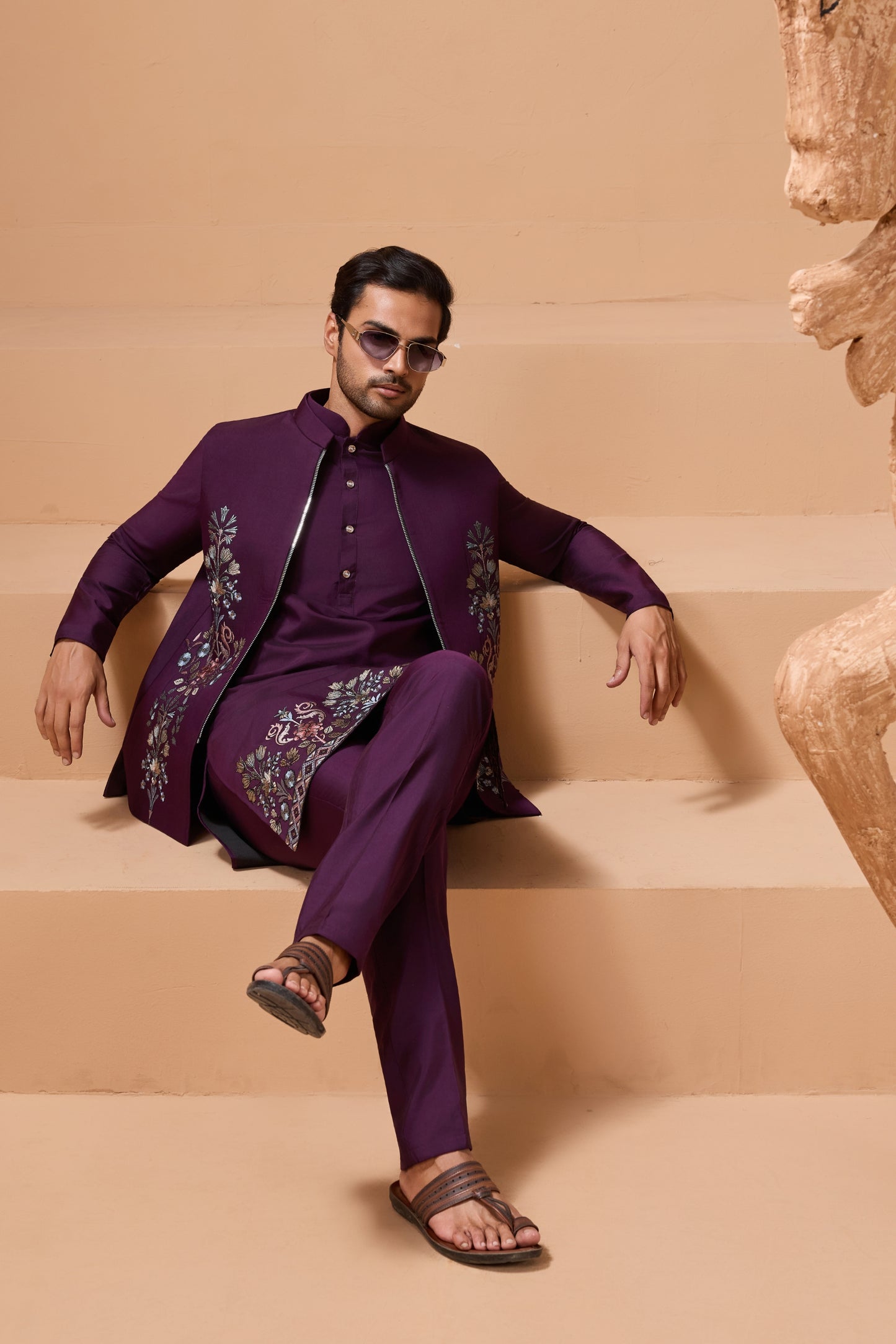 Royal Purple Viscose Silk Embroidered Kurta Pyjama Set with Jacket for Wedding