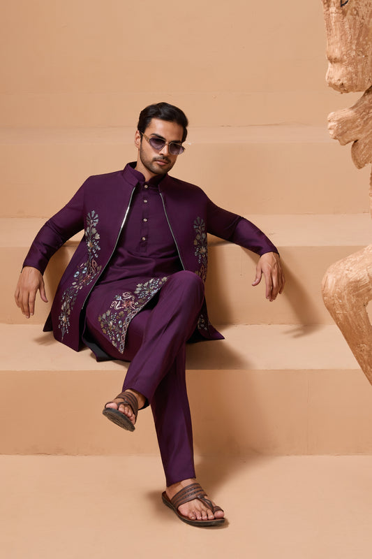 Royal Purple Viscose Silk Embroidered Kurta Pyjama Set with Jacket for Wedding