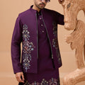 Royal Purple Viscose Silk Embroidered Kurta Pyjama Set with Jacket for Wedding