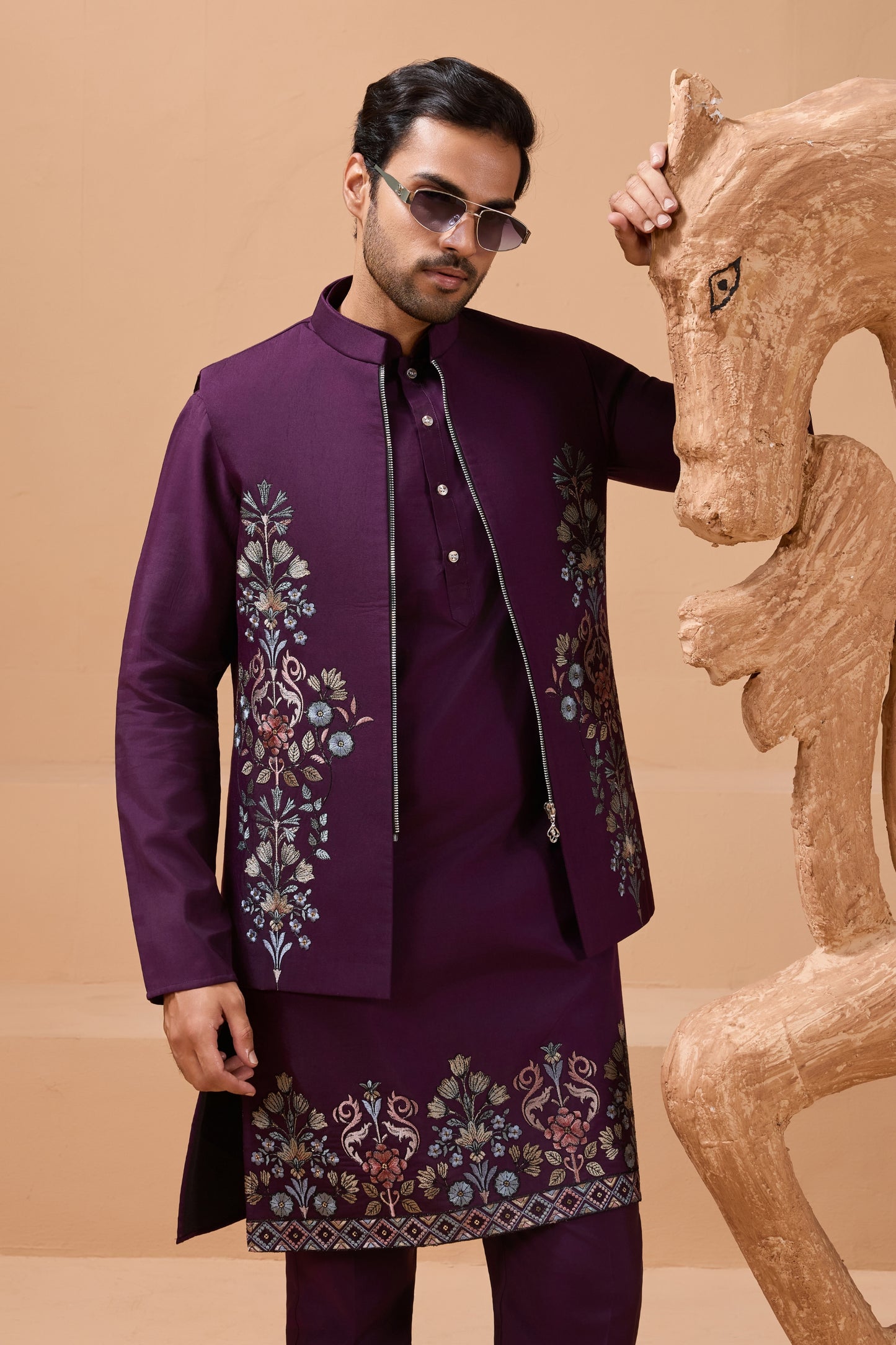 Royal Purple Viscose Silk Embroidered Kurta Pyjama Set with Jacket for Wedding