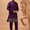 Royal Purple Viscose Silk Embroidered Kurta Pyjama Set with Jacket for Wedding