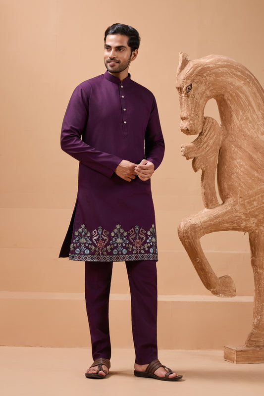 Royal Purple Viscose Silk Embroidered Kurta Pyjama Set with Jacket for Wedding