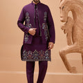 Royal Purple Viscose Silk Embroidered Kurta Pyjama Set with Jacket for Wedding