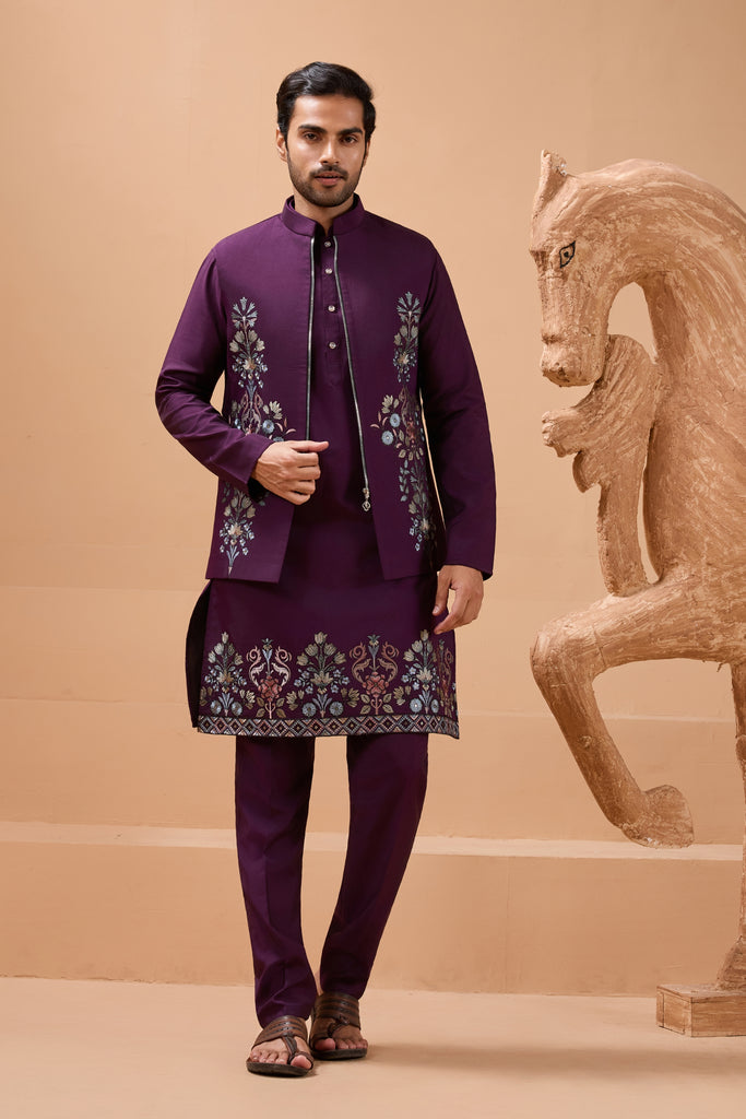 Royal Purple Viscose Silk Embroidered Kurta Pyjama Set with Jacket for Wedding
