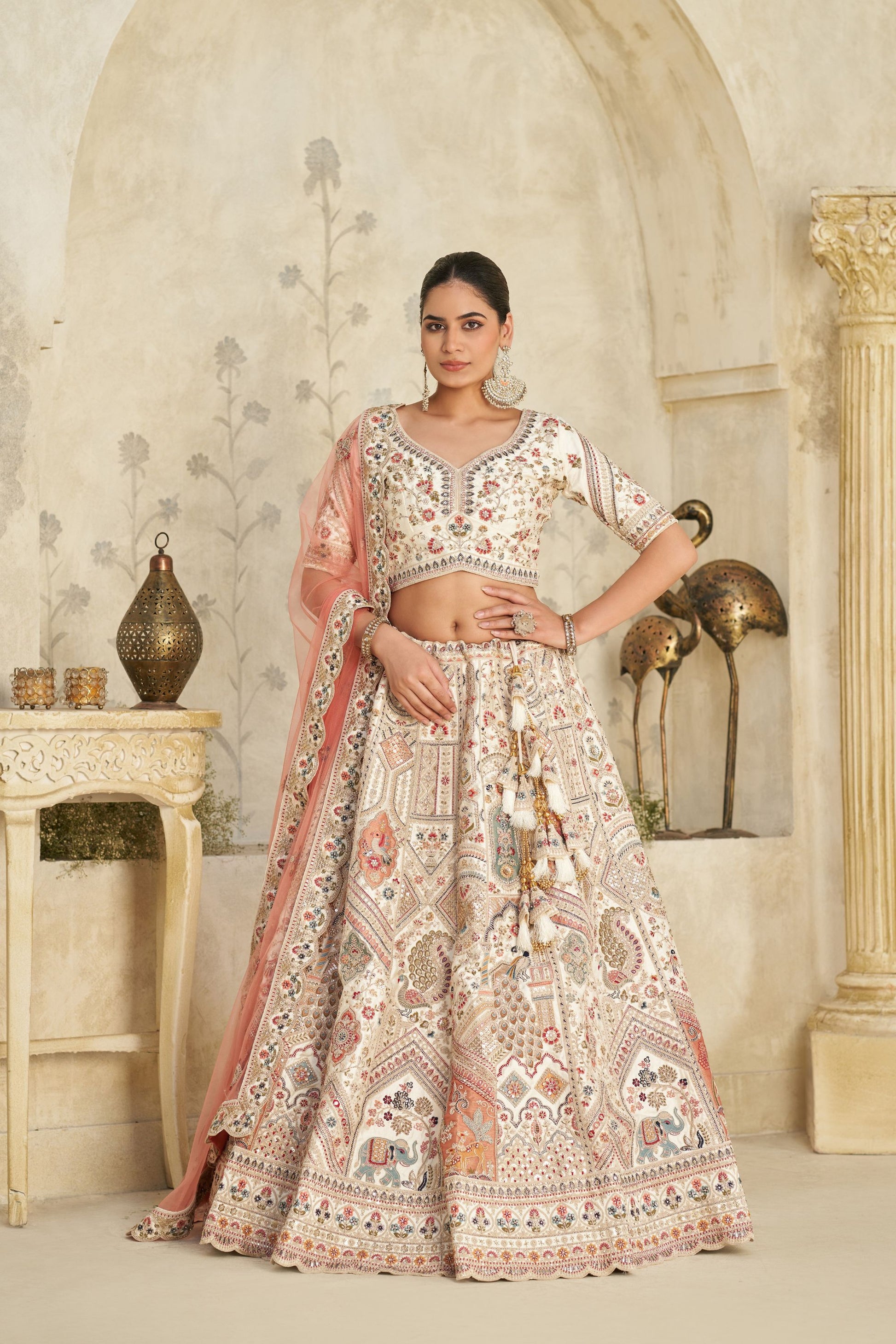 Charming Cream Silk Embroidered Lehenga Choli with Traditional Motifs and Dupatta for Wedding