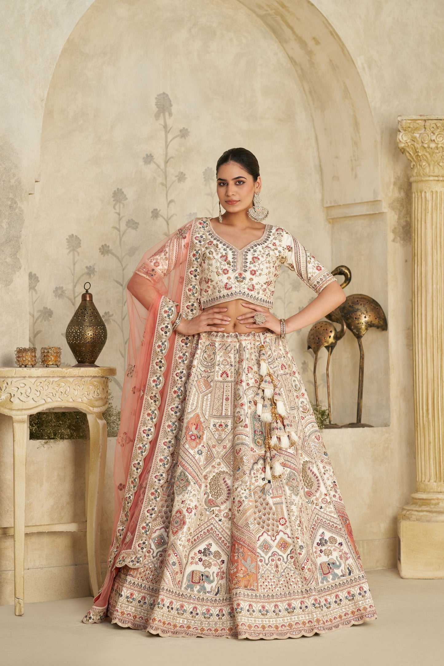 Charming Cream Silk Embroidered Lehenga Choli with Traditional Motifs and Dupatta for Wedding