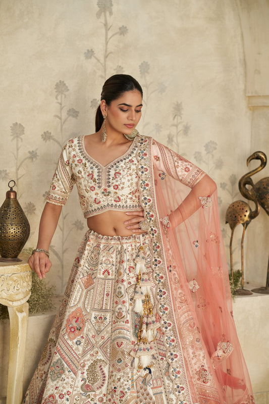 Charming Cream Silk Embroidered Lehenga Choli with Traditional Motifs and Dupatta for Wedding