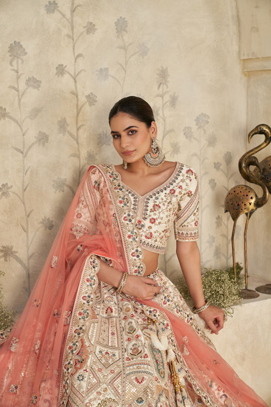 Charming Cream Silk Embroidered Lehenga Choli with Traditional Motifs and Dupatta for Wedding