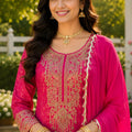 Stunning Rani Pink Viscose Jacquard Silk Palazzo Suit with Embroidery Work and Matching Dupatta
