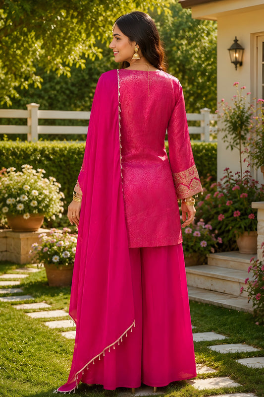 Stunning Rani Pink Viscose Jacquard Silk Palazzo Suit with Embroidery Work and Matching Dupatta
