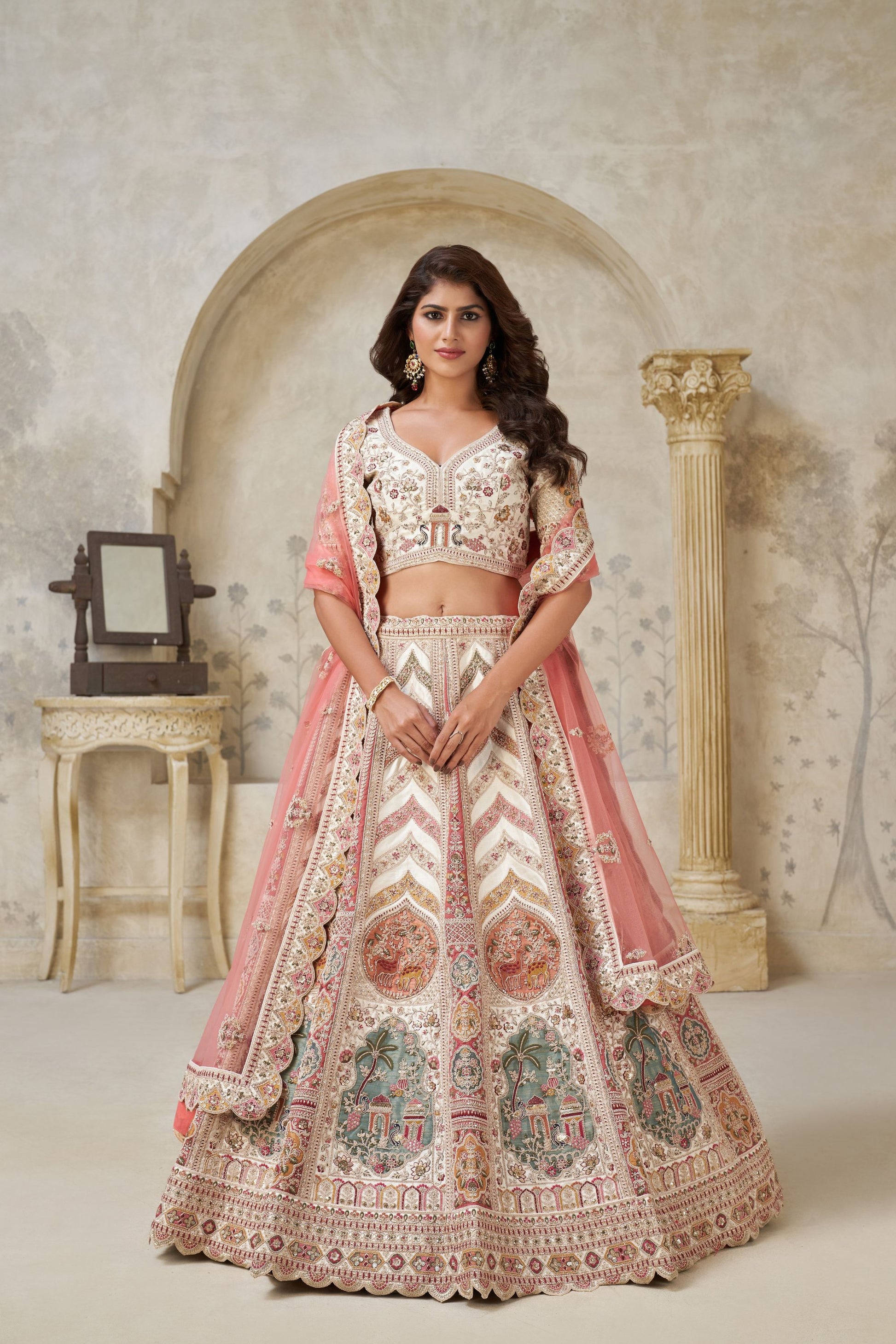 Graceful Cream Silk Embroidered Lehenga Choli with Palace Motifs and Dupatta for Wedding