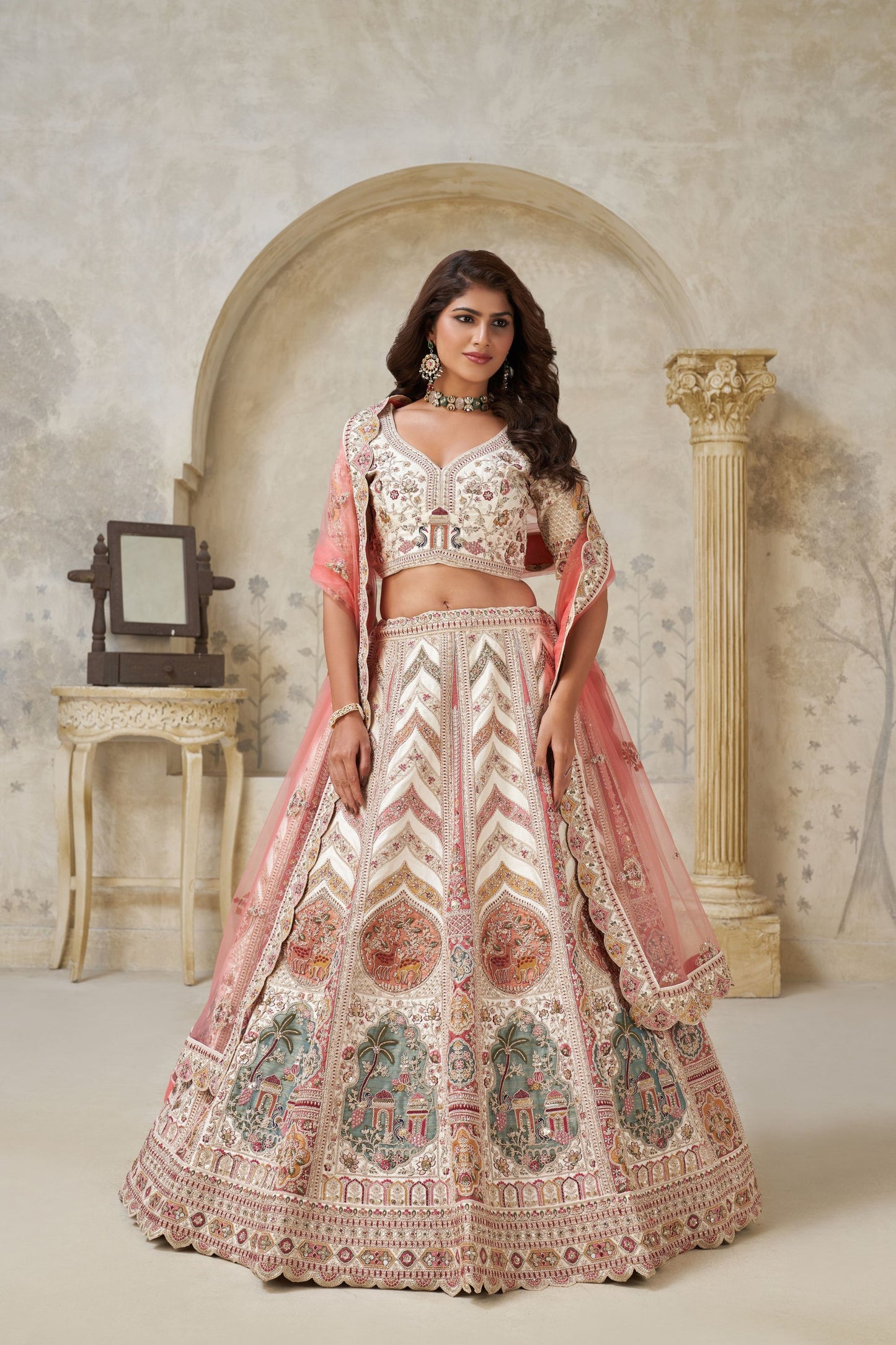 Graceful Cream Silk Embroidered Lehenga Choli with Palace Motifs and Dupatta for Wedding